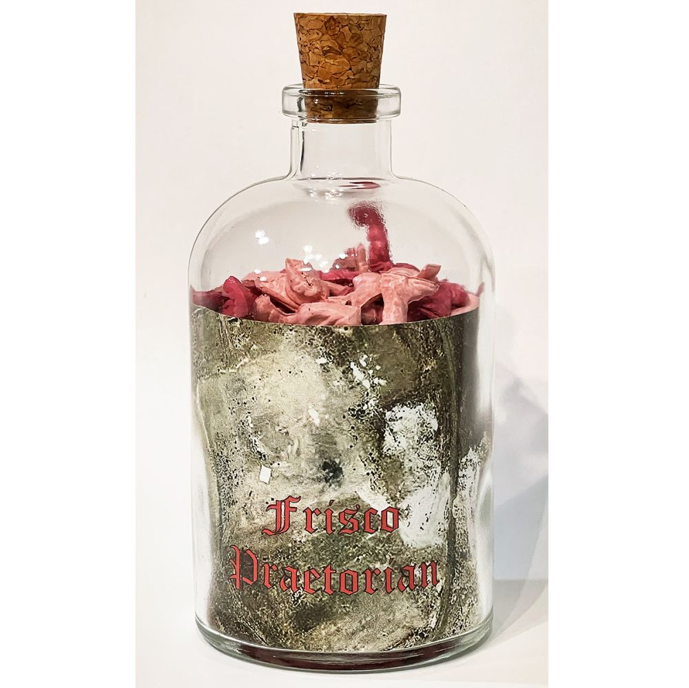 <br/>Frisco Praetorian, 10/9/2025<br/>Apx 6½" x 3" x 3"<br/>glass, paper, ink, cork, plastic and acrylic